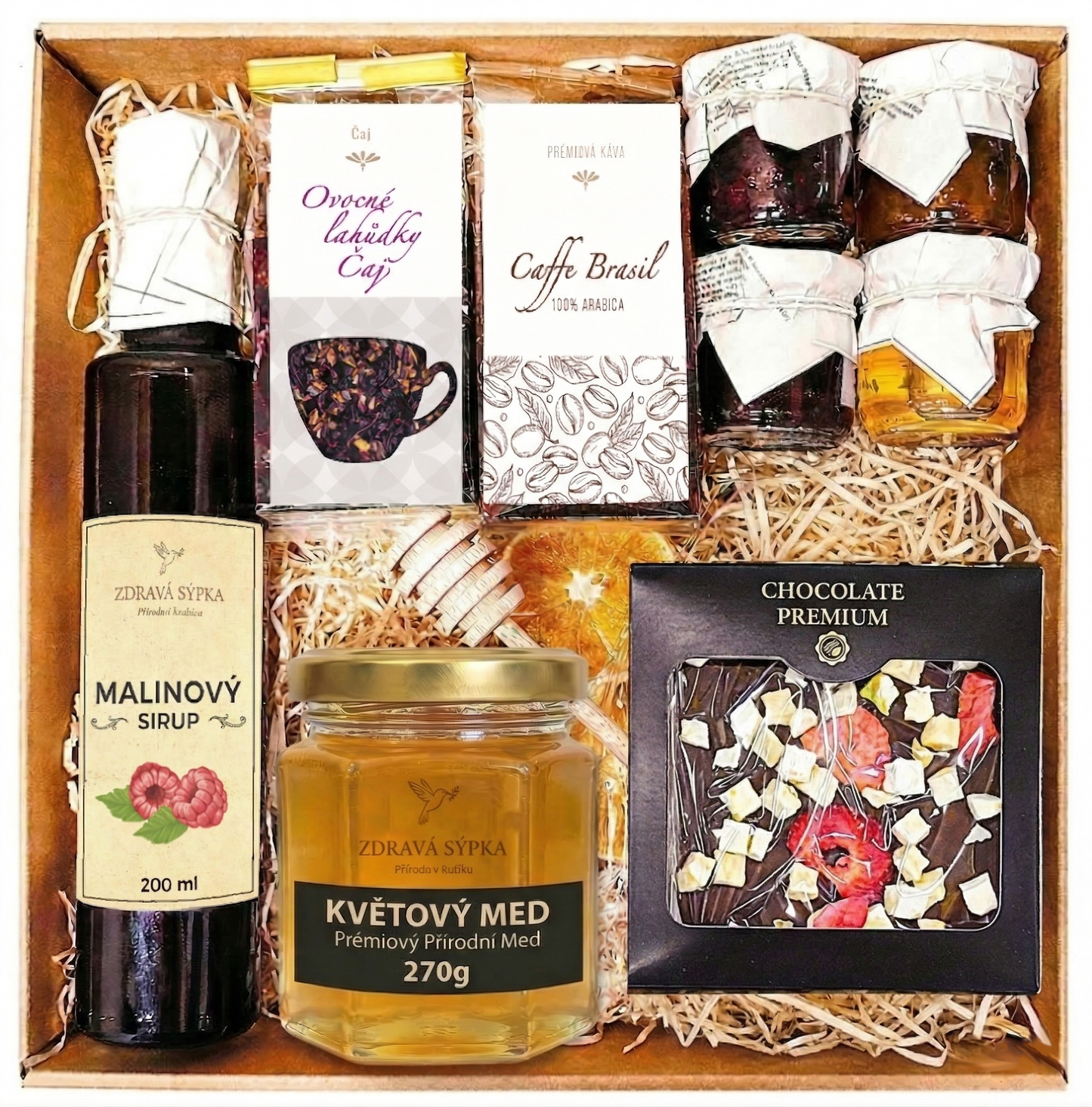 Koš dárkový, dárek, pozornost, čaj, med, vejce, čokoláda