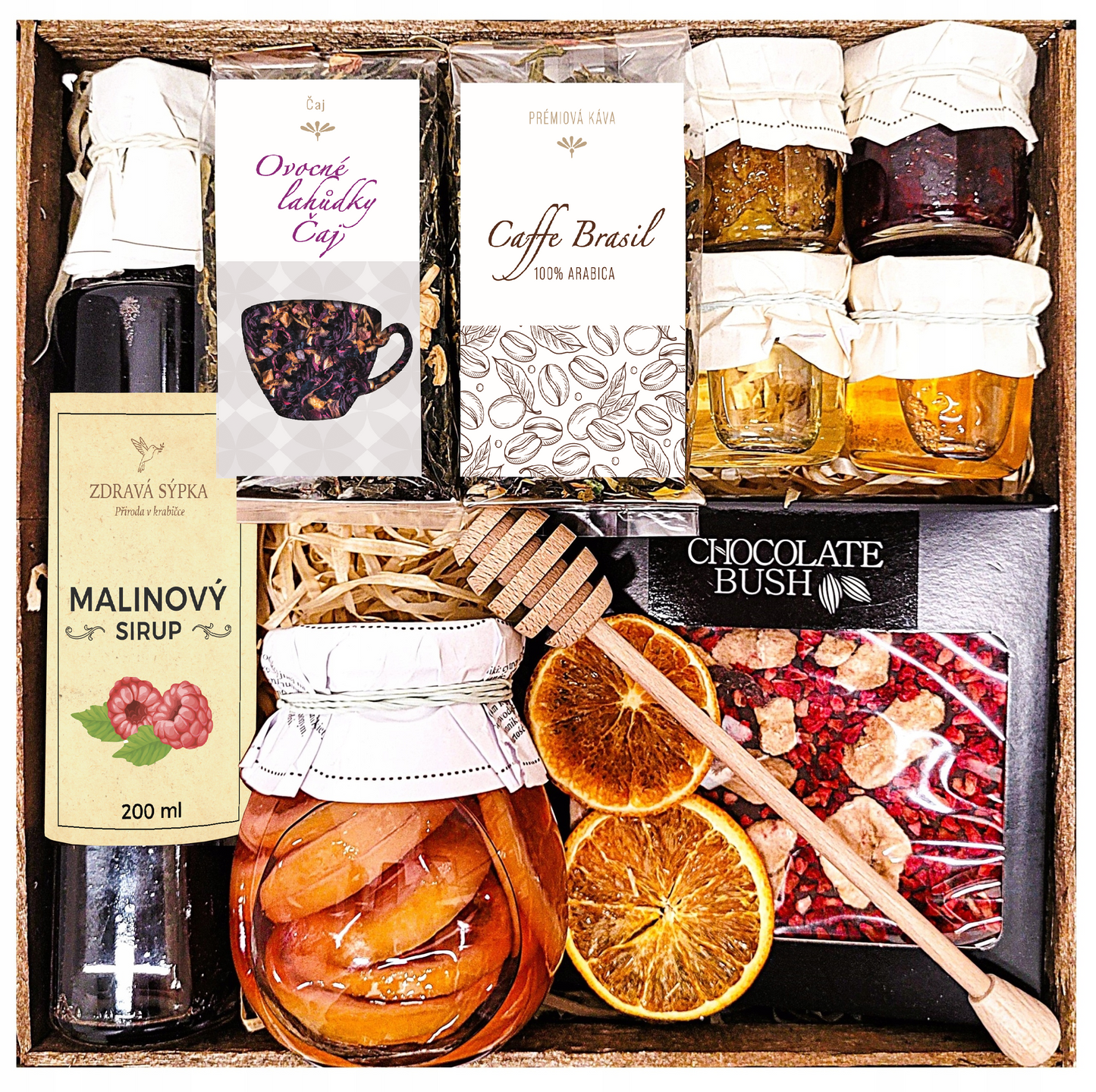 Dárkový koš – dárek, pozornost, čaj, káva, med, sirup na svátky a narozeniny