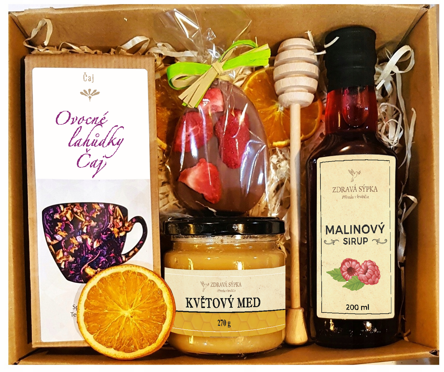 Koš, dárková sada, dárek, čaj, med, čokoláda, na Velikonoce, vejce