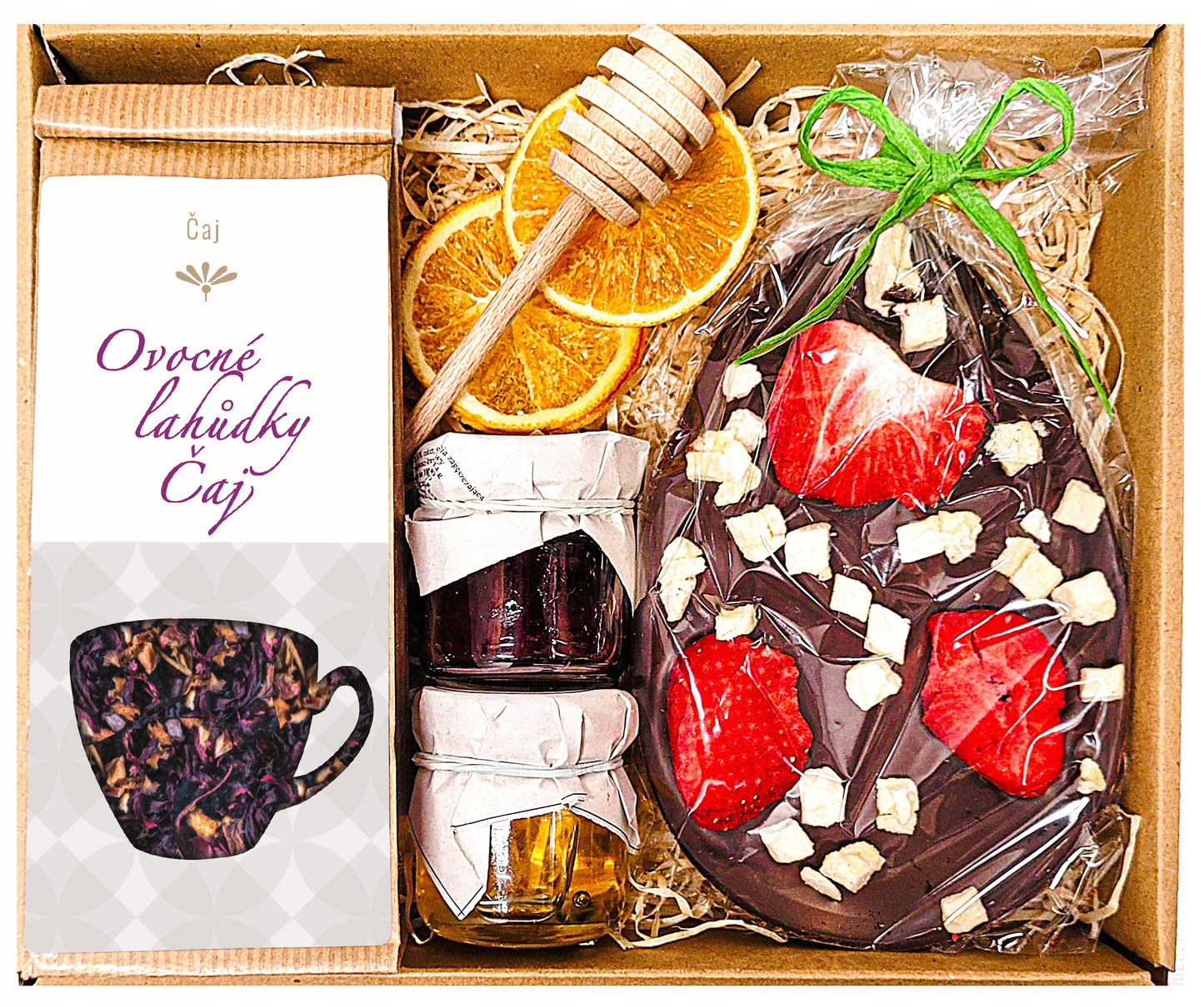 Koš, dárková sada, dárek, čaj, med, čokoláda, na Velikonoce, vejce