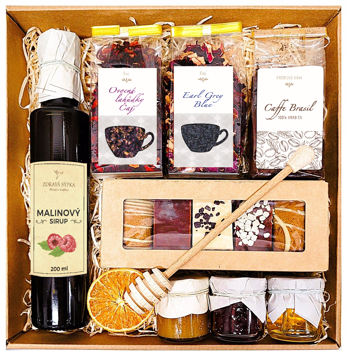 Dárkový koš – dárek, suvenýr, med, perníky, čaj, káva, malinový sirup