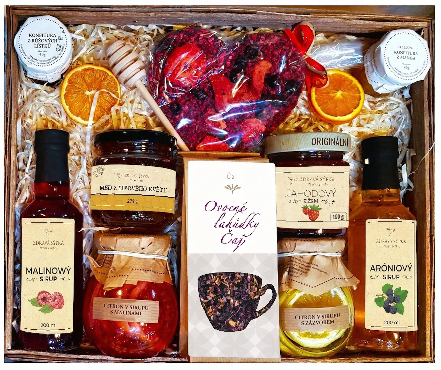 Velký koš – dárkový set, dárek, med, čaj, džemy, čokoláda, sirup. Dárky pro učitele, maminku, tatínka, babičku a dědečka k narozeninám, svátku nebo ke Dni matek.