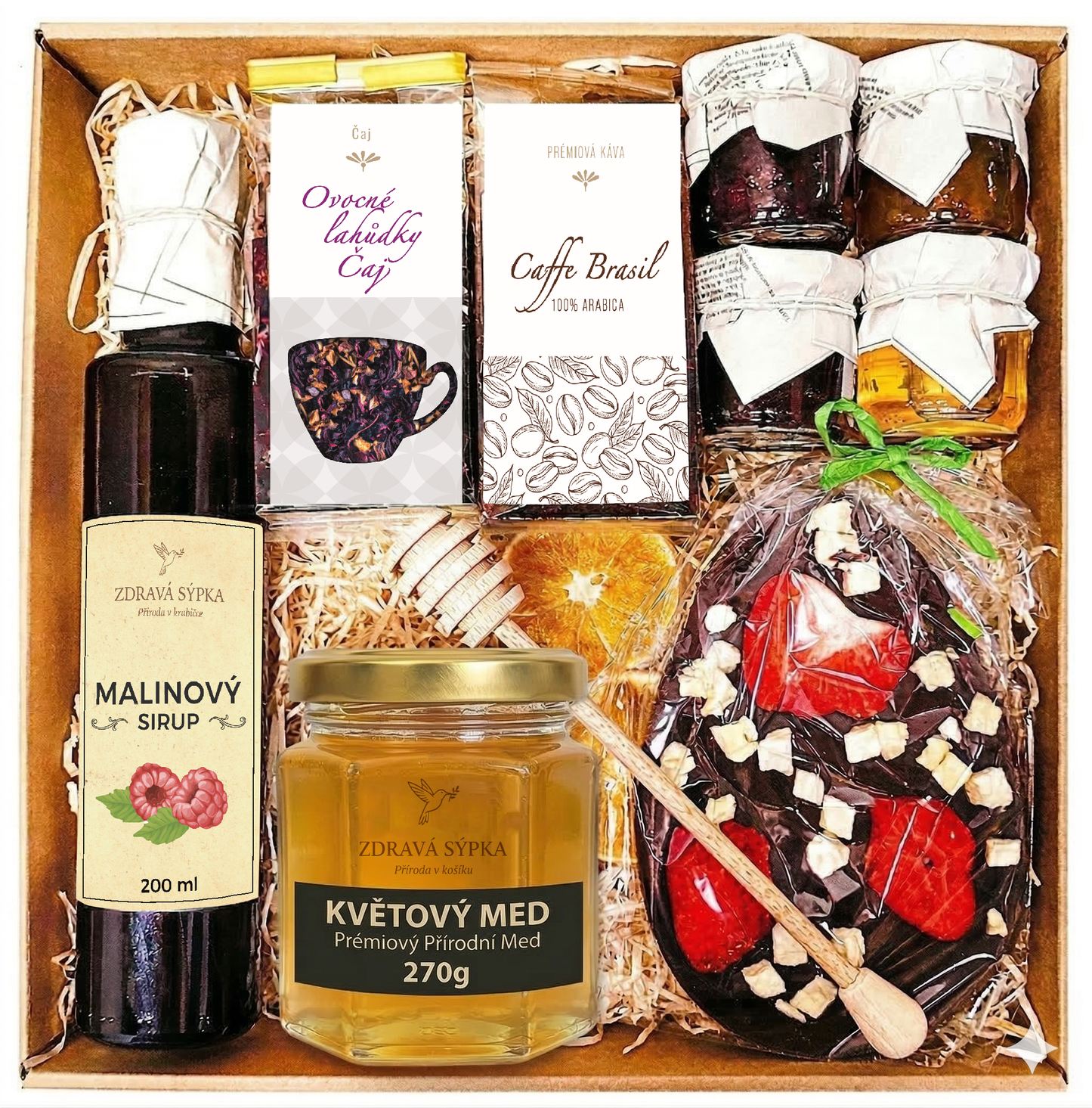 Koš dárkový, dárek, pozornost, čaj, med, na Velikonoce, vejce, čokoláda