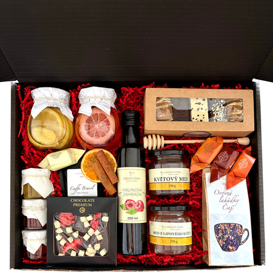 Dárkový koš – set: káva, čaj, sirup, med, perníčky, citróny, prémiová čokoláda a džemy na Vánoce