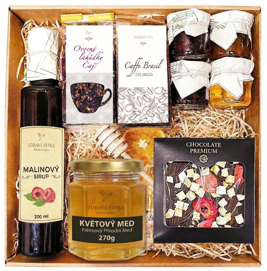 Koš dárkový, dárek, pozornost, čaj, med, vejce, čokoláda
