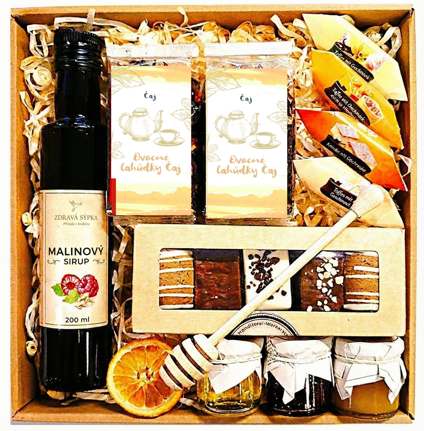 Dárkový koš – dárek, suvenýr, med, perníky, čaj, malinový sirup