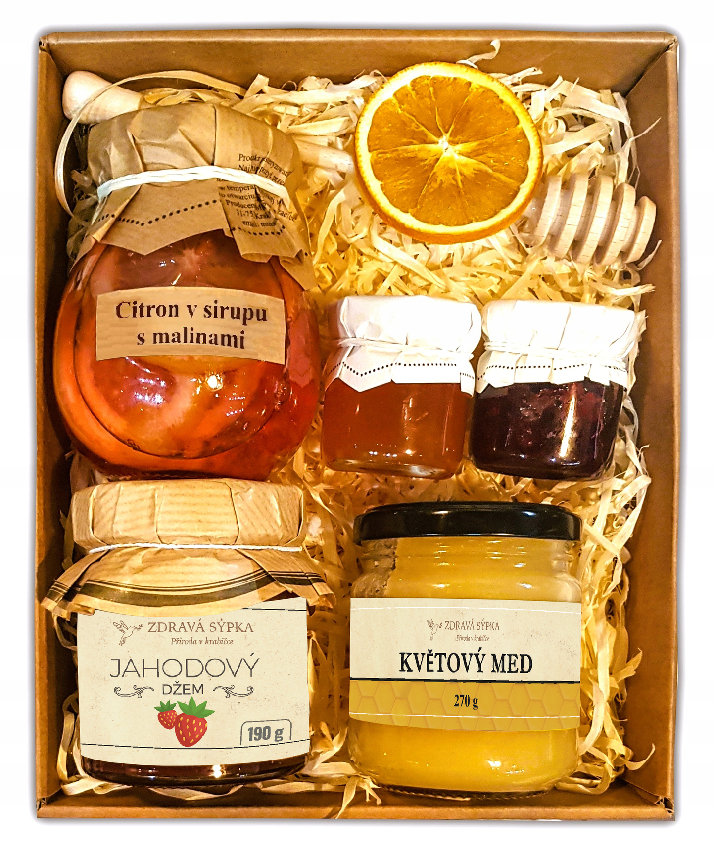 Dárkový koš – dárek, suvenýr, med, citron, malina, džem, sirup