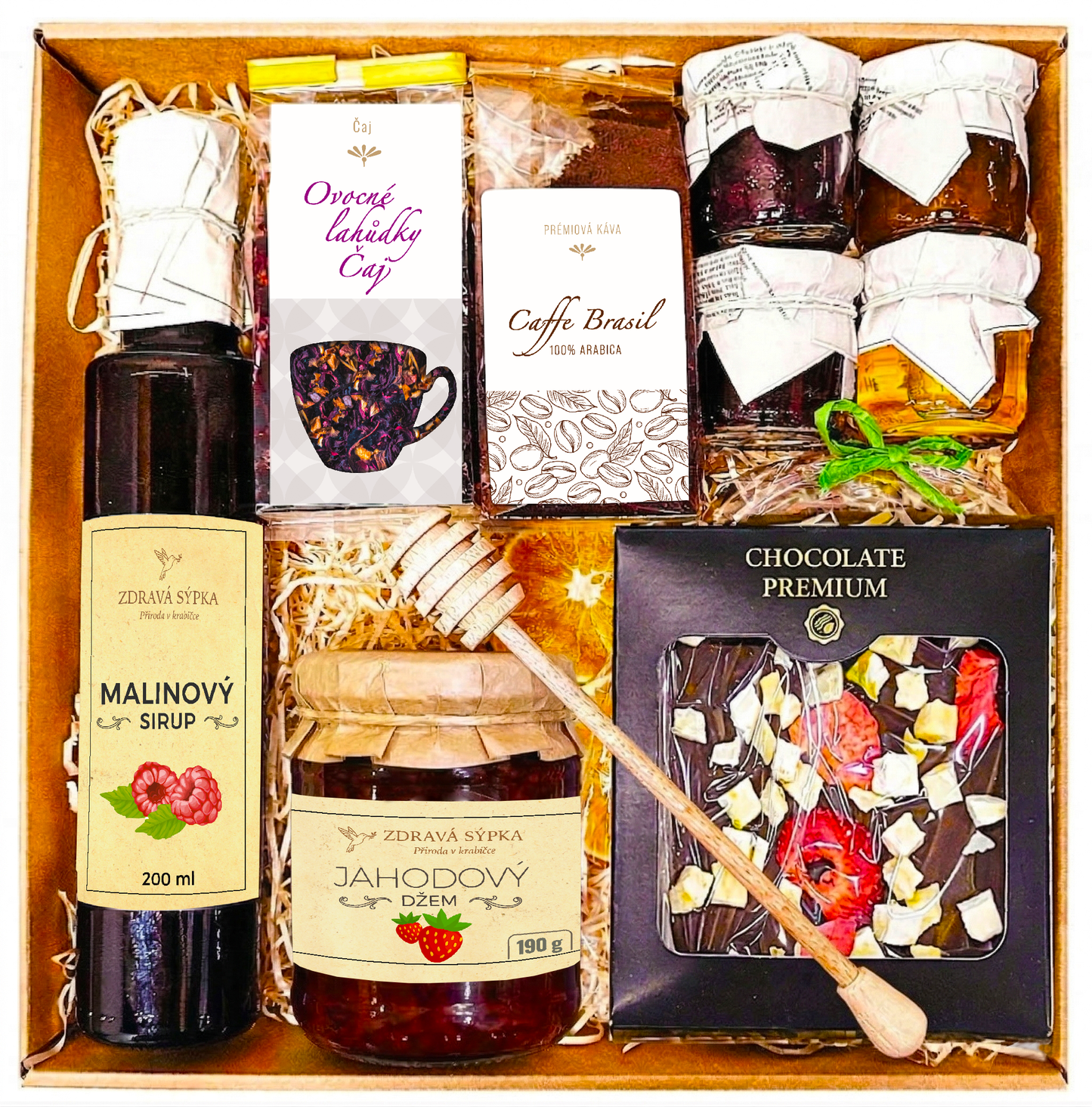 Dárkový koš s čajem, medem, čokoládou a marmeládou