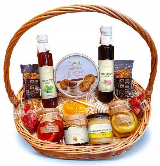 MEGA DÁRKOVÝ KOŠ DÁREK MED POCHOUTKY MALINY